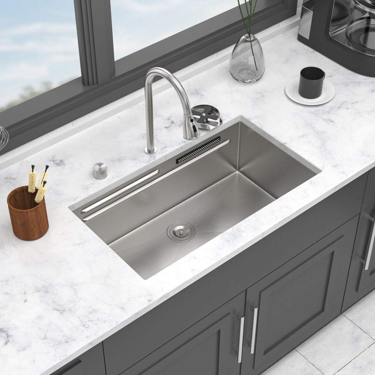 Undermount Stainless Steel Kitchen Sink with Pull Down Faucet & Ledge Workstation - Gray or Black