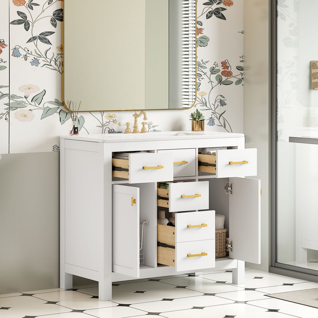 Modern Bathroom Vanity With 36" Resin Sink – 4 Drawer Storage Cabinet