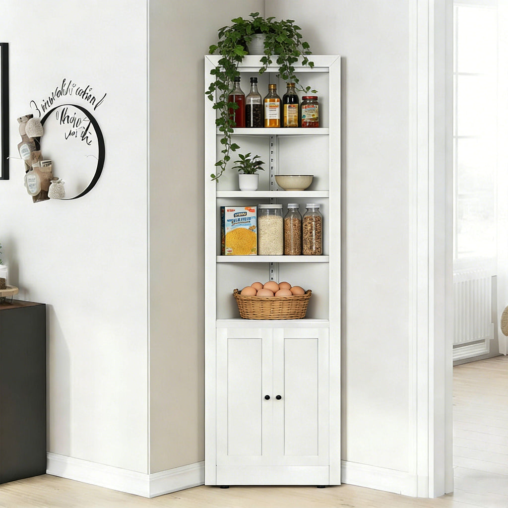 Tall Corner Storage Cabinet With 2 Doors, 5-Tier With Adjustable Shelve, Freestanding - White
