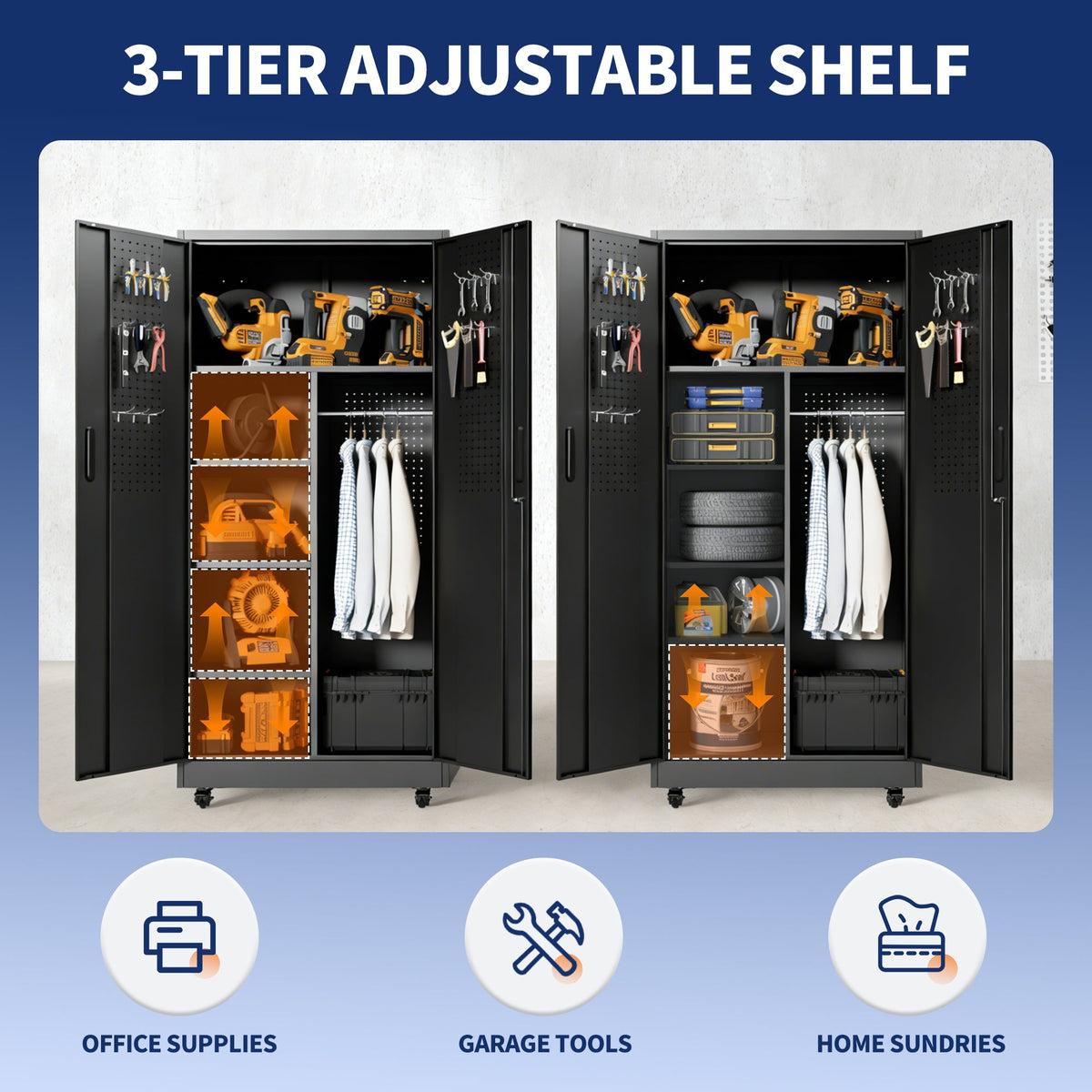 Rolling Metal Storage Locker Cabinet with Lockable Doors - Steel