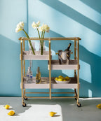 Gold & White Washed Finish Serving Cart with Removable Wooden Trays