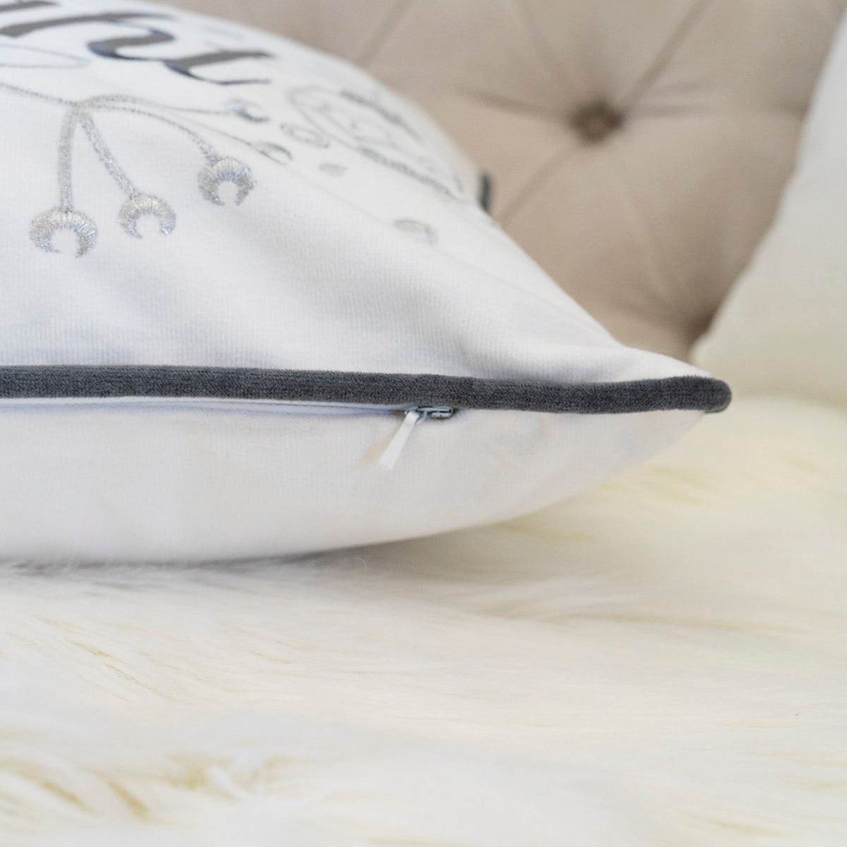 Christmas Throw Pillow with Silver Embroidery – White & Silver