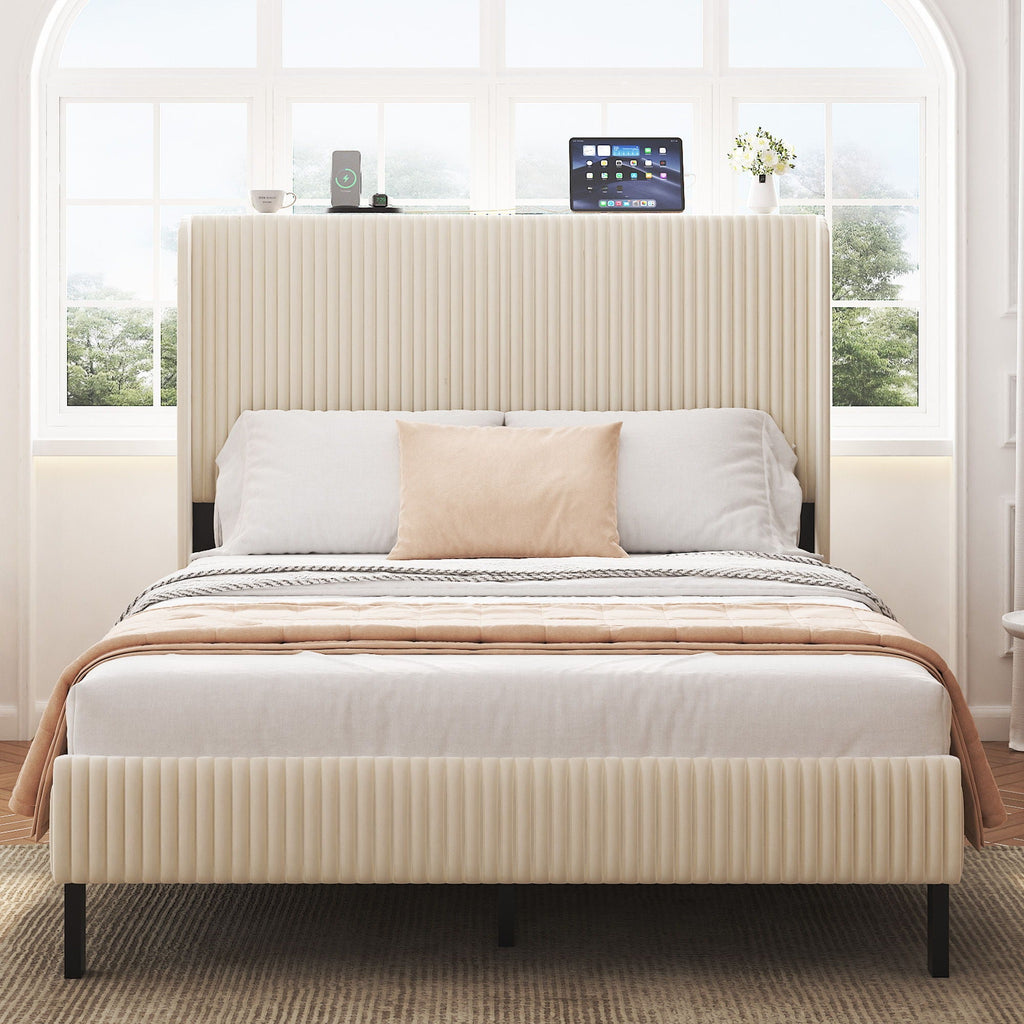 Beige Platform Bed with Metal Frame and USB Charging Station