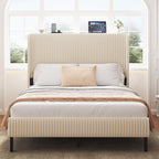Beige Platform Bed with Metal Frame and USB Charging Station