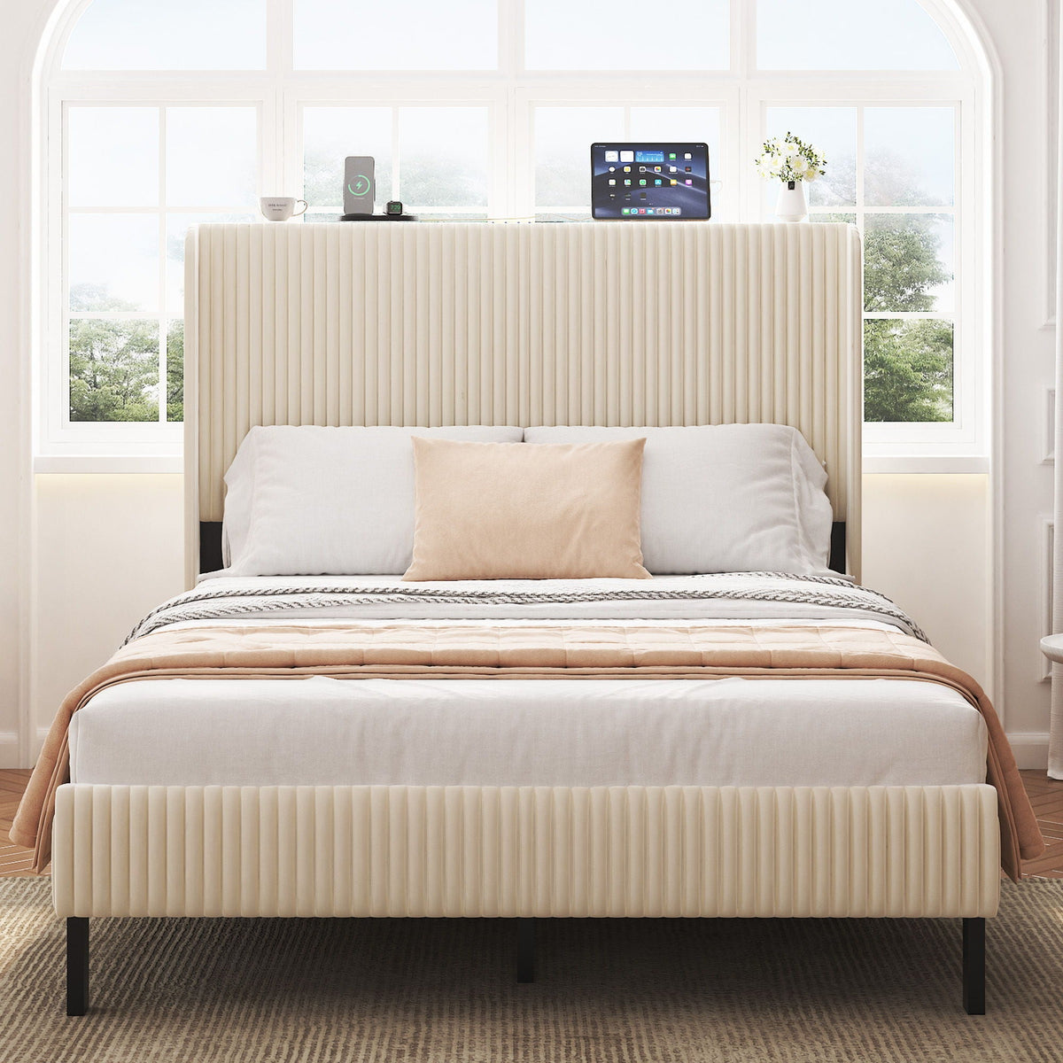 Beige Platform Bed with Metal Frame and USB Charging Station