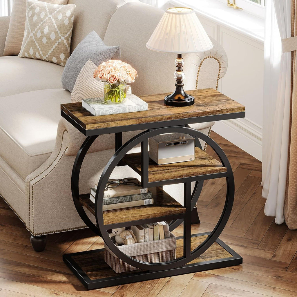 4 Tier Narrow End Table with Storage Shelves - Rustic Brown