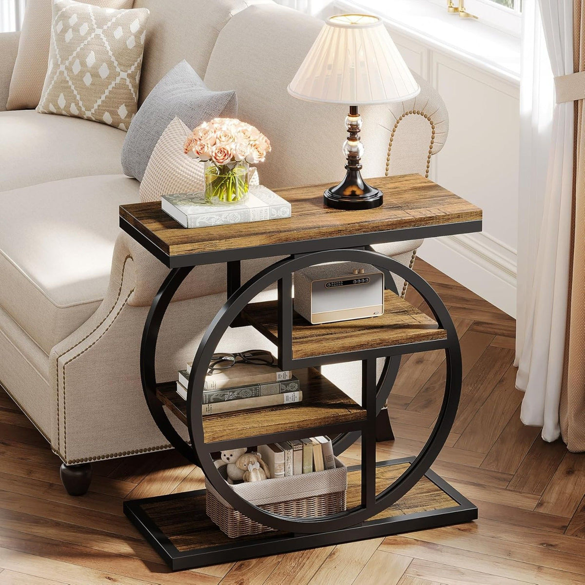 4 Tier Narrow End Table with Storage Shelves - Rustic Brown