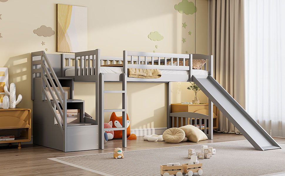 Loft Stairway Bed with Drawers and Convertible Ladder - Twin
