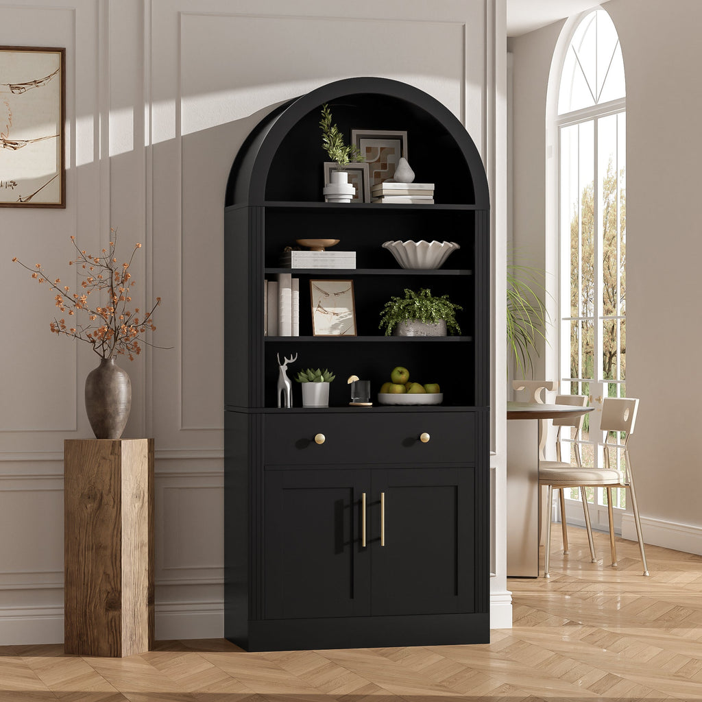 Arched Bookshelf with Storage Cabinet with Modern Curved Top - MDF