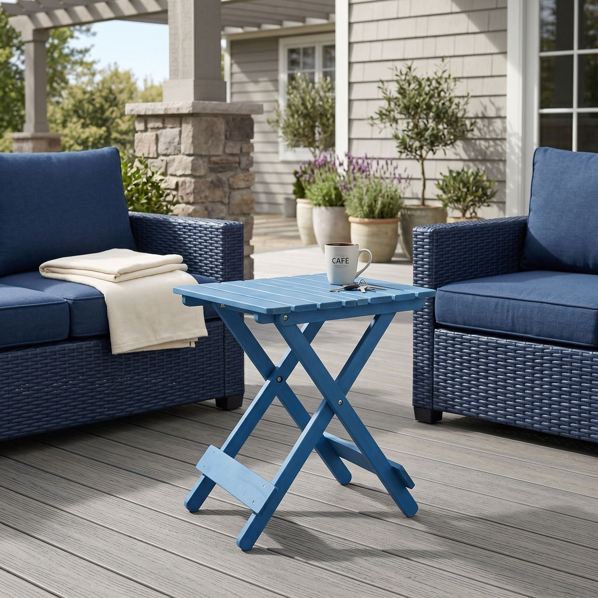 Folding Square Table for Backyard with Space-Saving Design - Blue