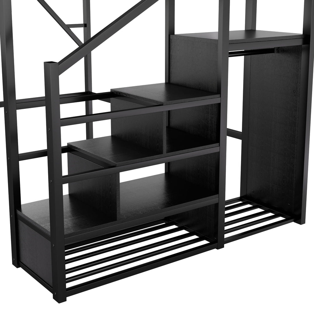 Queen Size Loft Bed with Stairs and Storage Shelves - Black