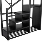 Queen Size Loft Bed with Stairs and Storage Shelves - Black