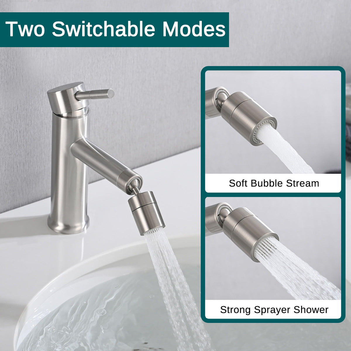 Pearl Silver Bathroom Faucet with 2 Modes and 360° Rotating Aerator