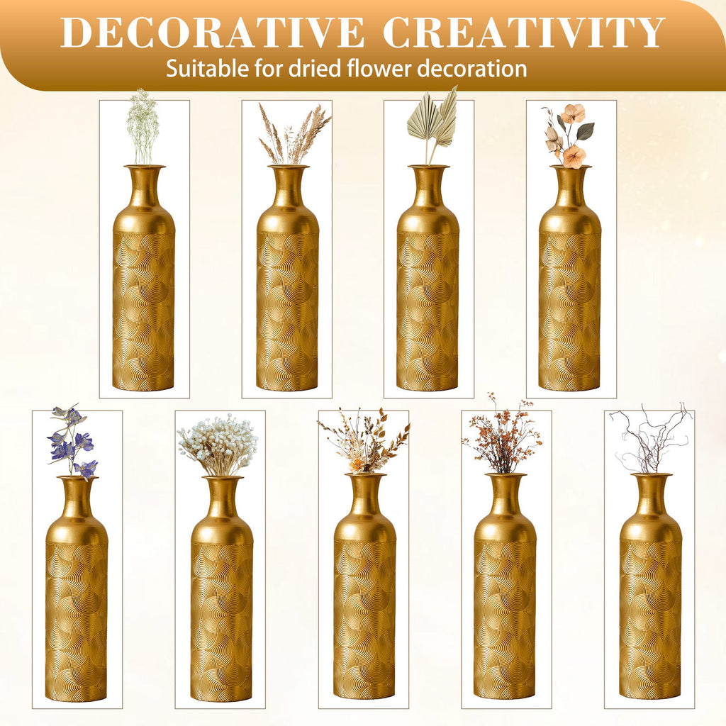Semi-Handcrafted Metal Vase Set with Embossed Texture - Gold