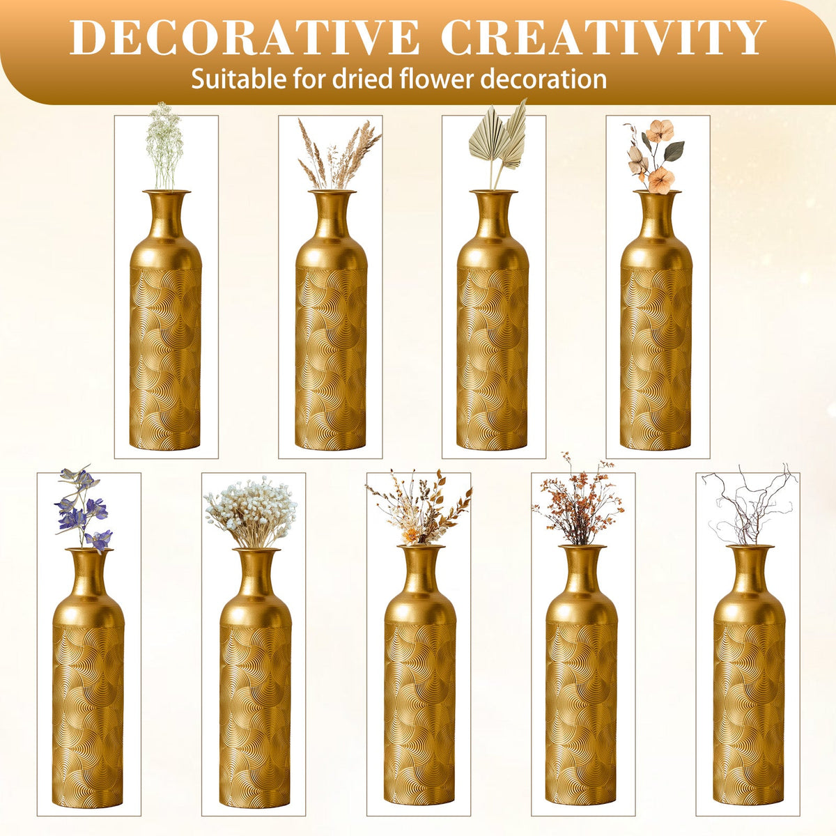 Semi-Handcrafted Metal Vase Set with Embossed Texture - Gold