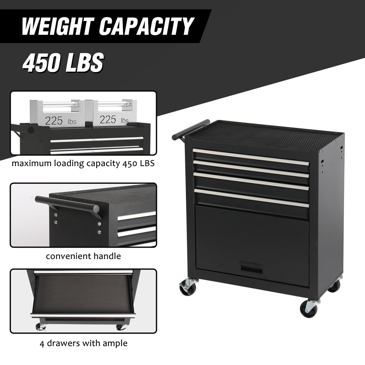 4-Drawer Rolling Tool Chest Cabinet with Wheels - Black