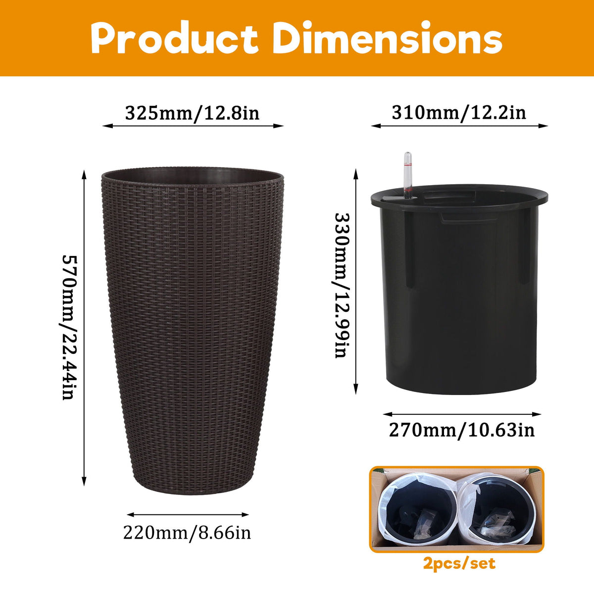 Tall Planters Set with Auto Watering and Water Level Monitor - Polypropylene