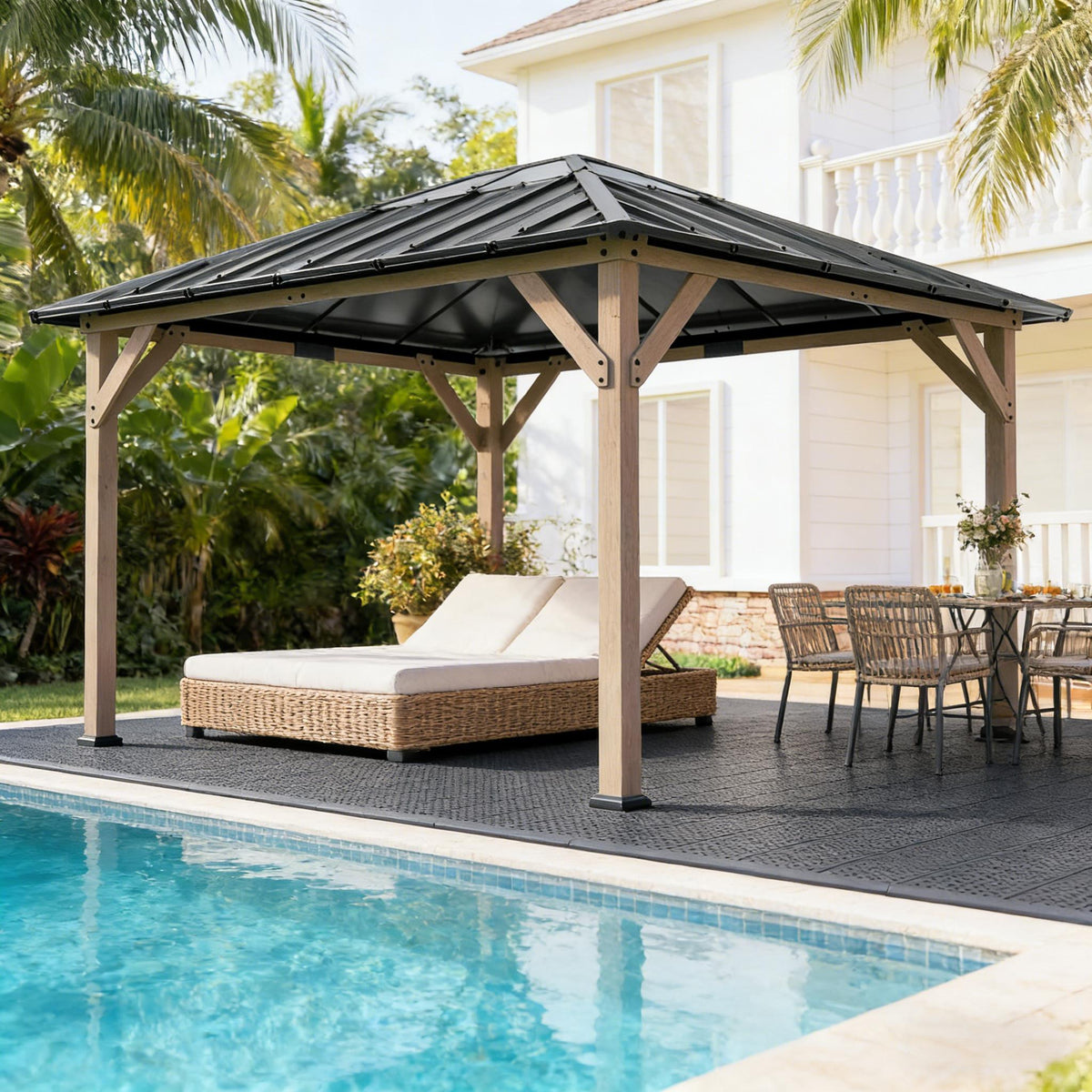 Spacious Outdoor Hardtop Gazebo with Durable Steel Roof - Natural Wood
