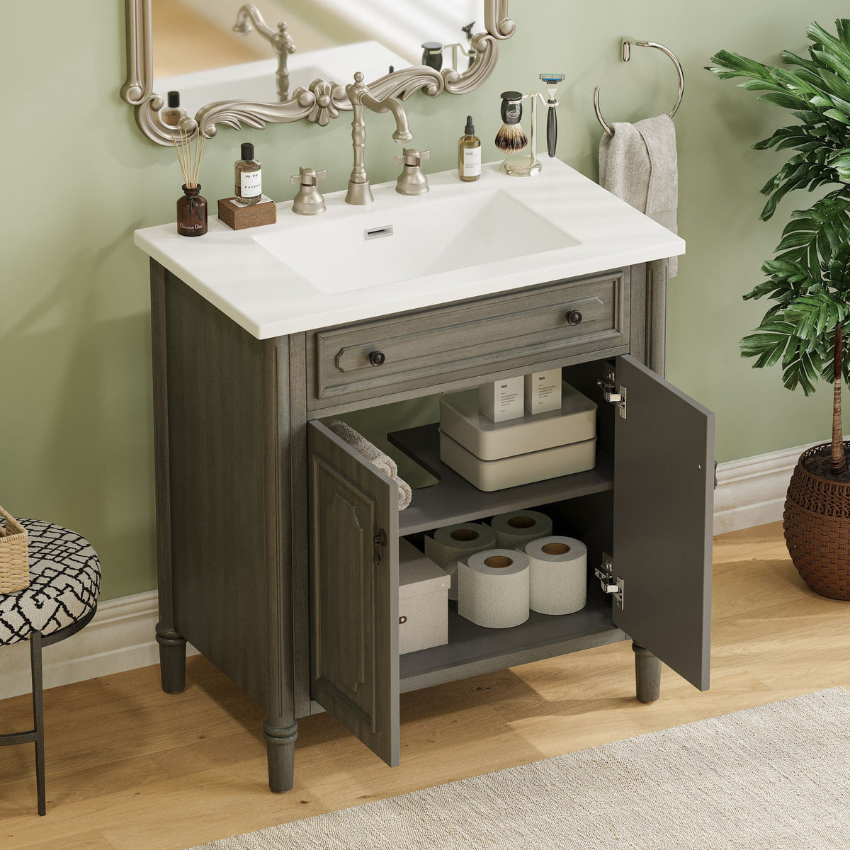 Vintage Bathroom Vanity With Sink and Soft-Close Doors - Dark Gray or White