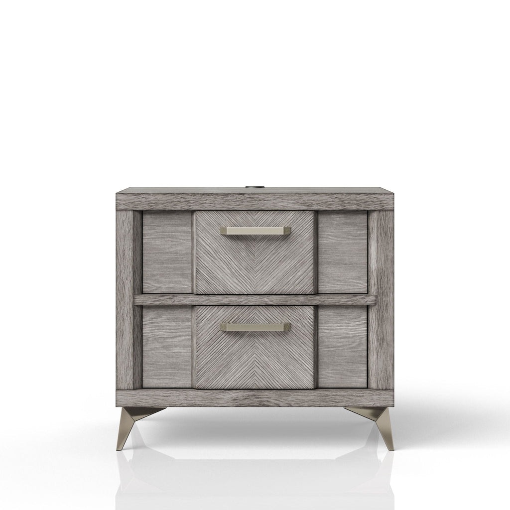 Gray 2 Drawer Nightstand with Bookmatched Veneers and USB Port