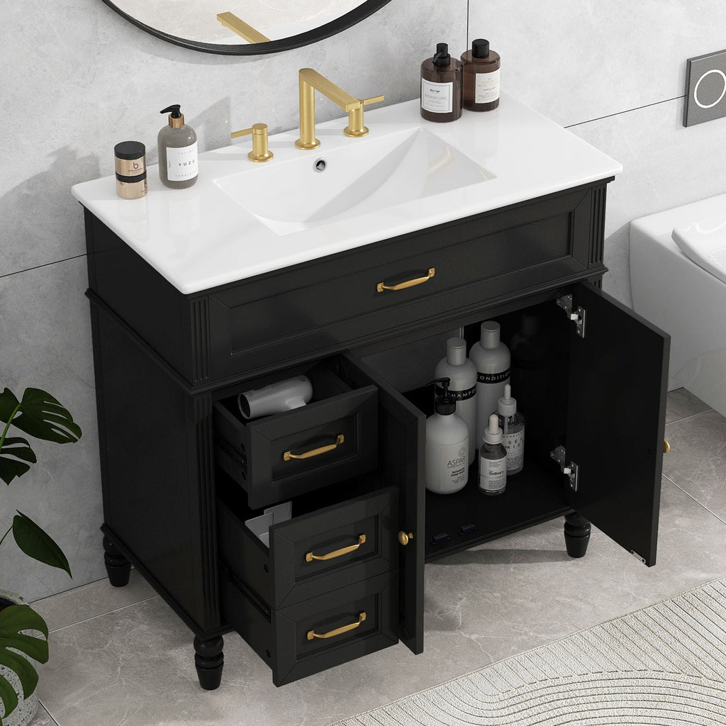 Bathroom Vanity With Sink and Drawers - Freestanding Solid Wood Cabinet