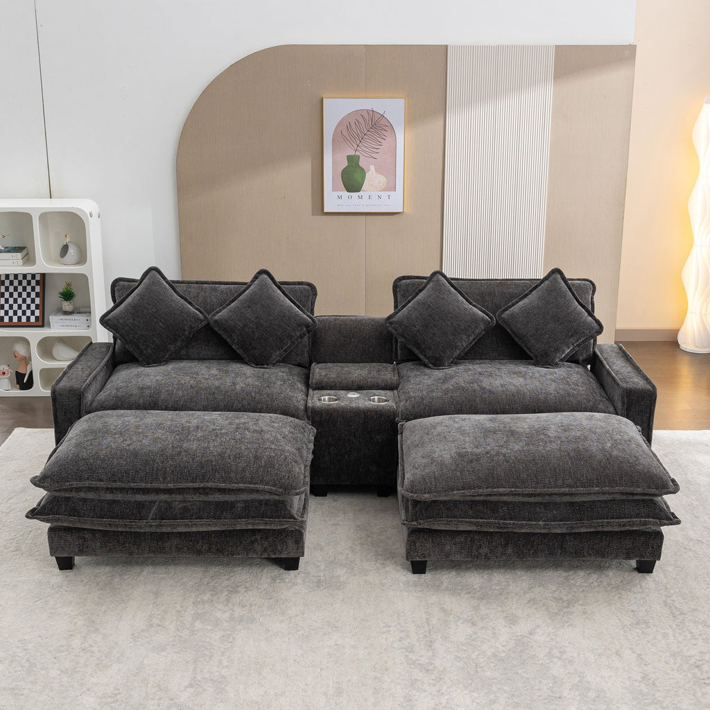 Modern Sectional Sofa with Removable Ottomans, USB Ports - Dark Gray or Light Blue