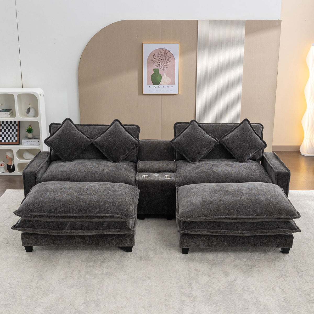 Modern Sectional Sofa with Removable Ottomans, USB Ports - Dark Gray or Light Blue