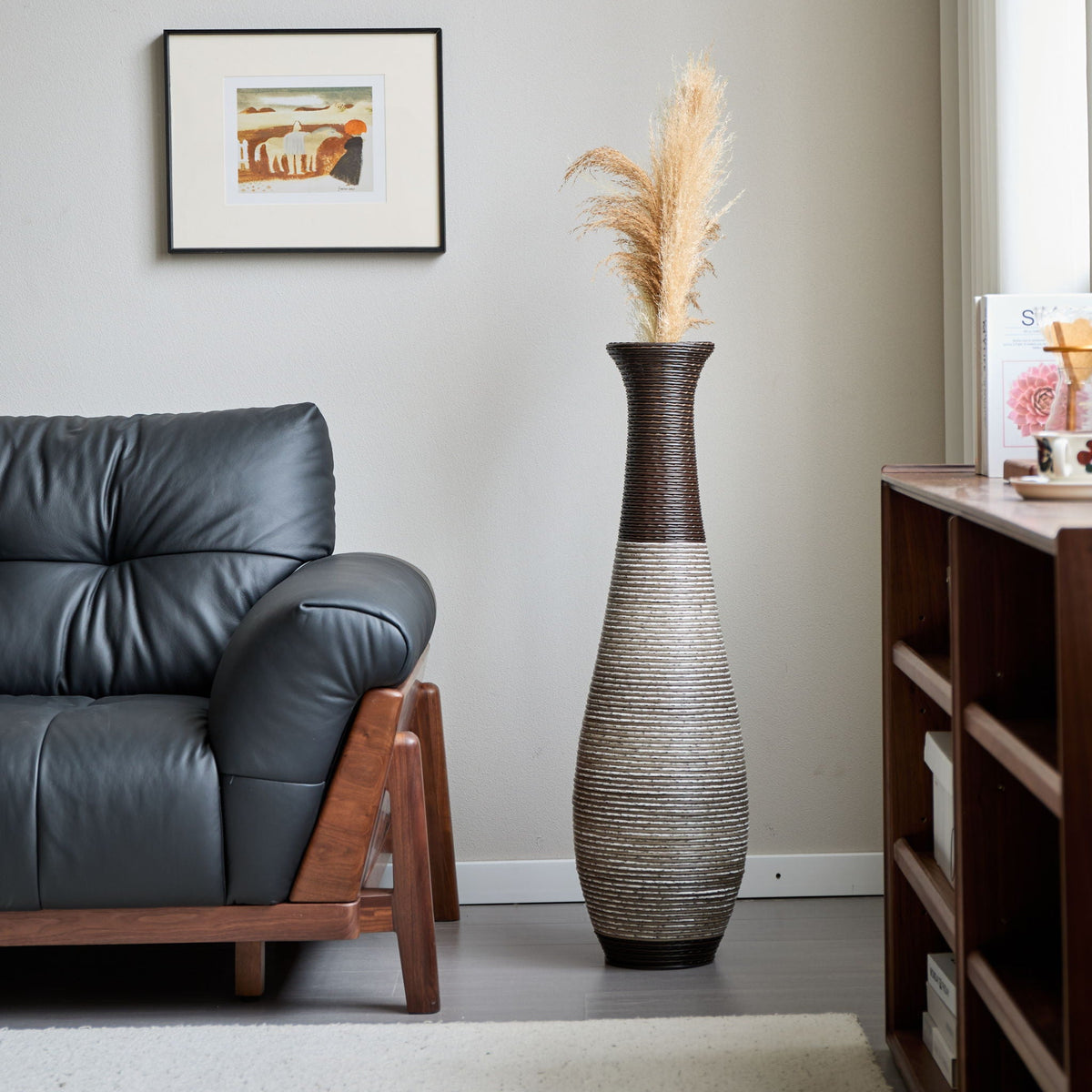 Tall Artificial Rattan Floor Vase with Two-Tone Finish - Black / Gray