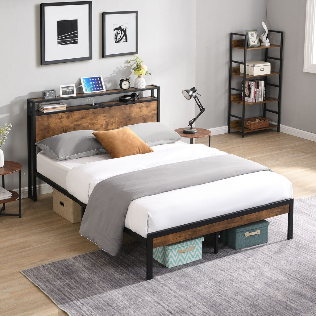 Platform Bed Frame With Wooden Headboard And Footboard