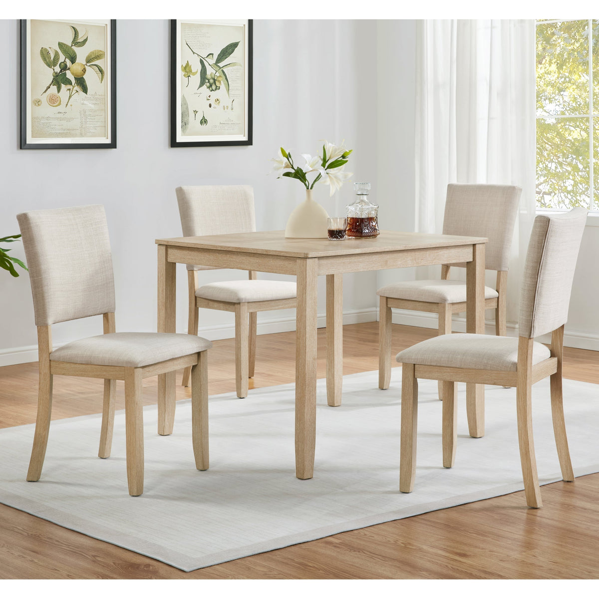 Modern 5-Piece Wooden Dining Table Set with Upholstered Chairs - Light Oak