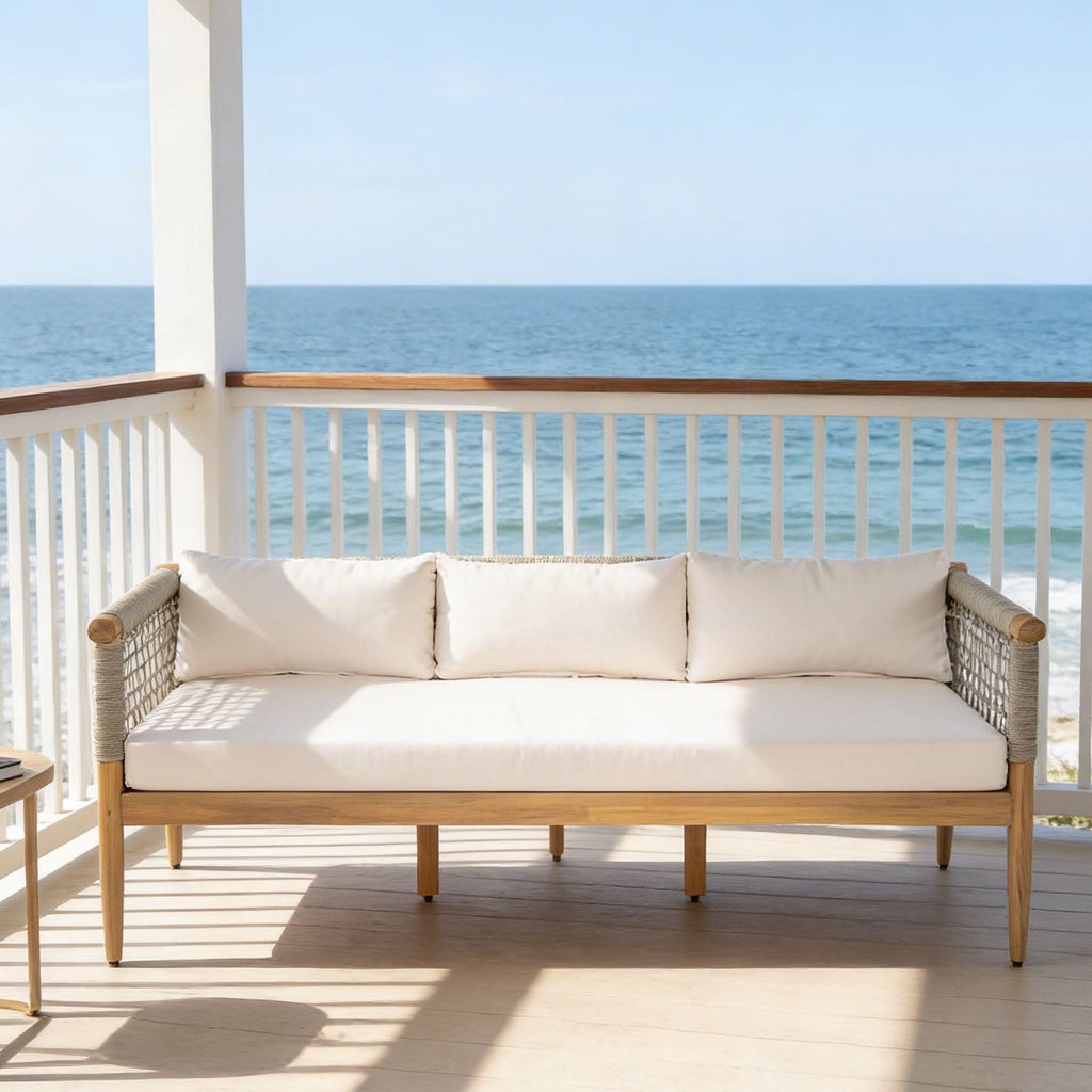 Outdoor Acacia Wood 3-Seater Sofa with Rope Woven Arms - Taupe