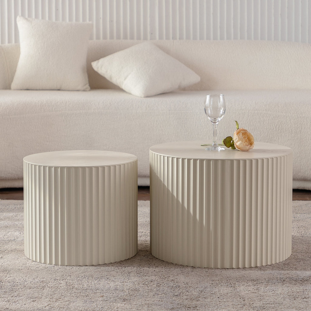 Beige Nesting Coffee Table Set of 2 – Modern Drum Side Tables with Wave Design - Beige