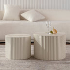 Beige Nesting Coffee Table Set of 2 – Modern Drum Side Tables with Wave Design - Beige