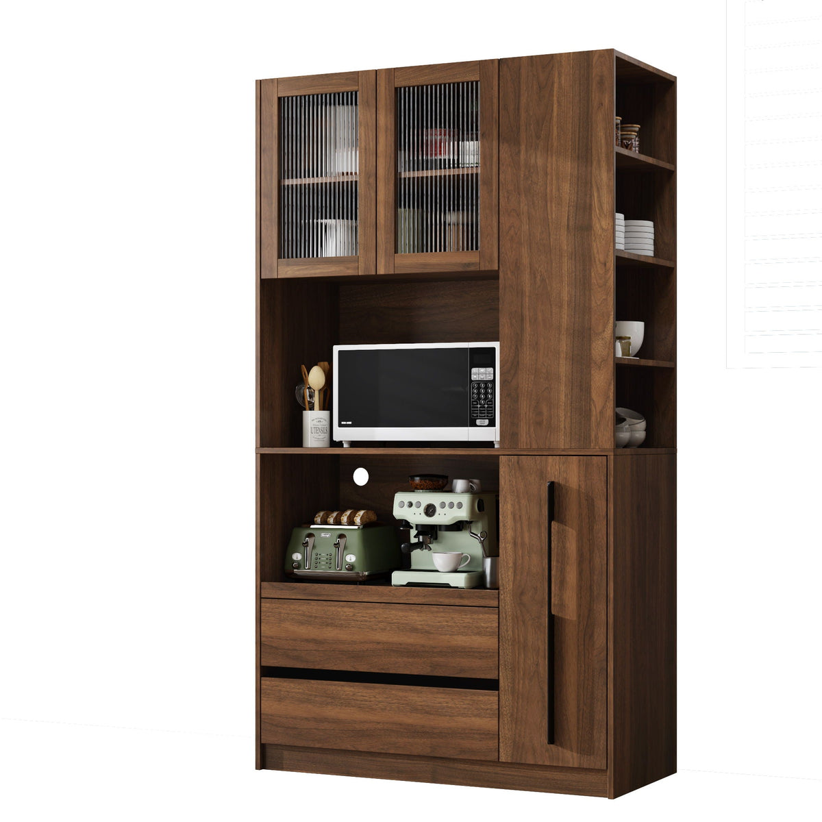 Tall Kitchen Pantry Cabinet with 4 Tier Side Shelf - Walnut