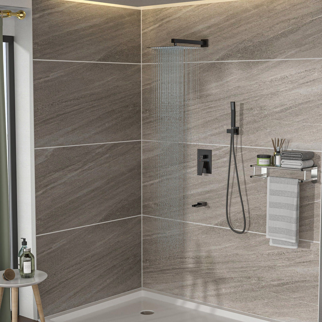 10-Inch Wall Mounted Square Shower System with Rough In Valve - Black or Gray