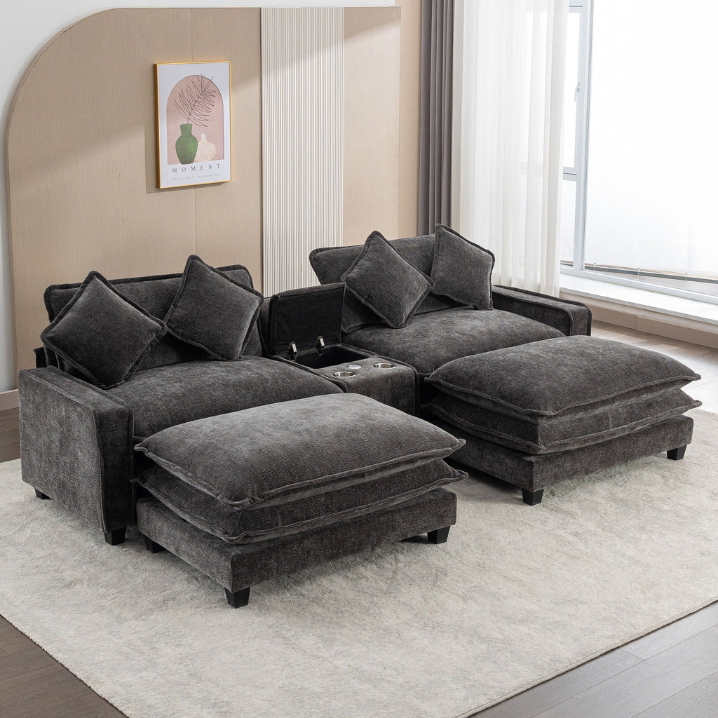 Modern Sectional Sofa with Removable Ottomans, USB Ports - Dark Gray or Light Blue