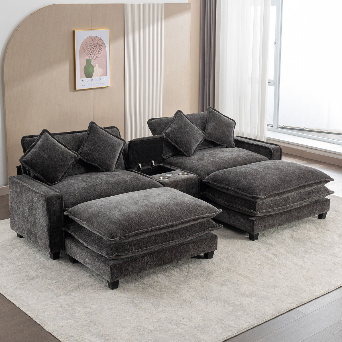 Modern Sectional Sofa with Removable Ottomans, USB Ports - Dark Gray or Light Blue