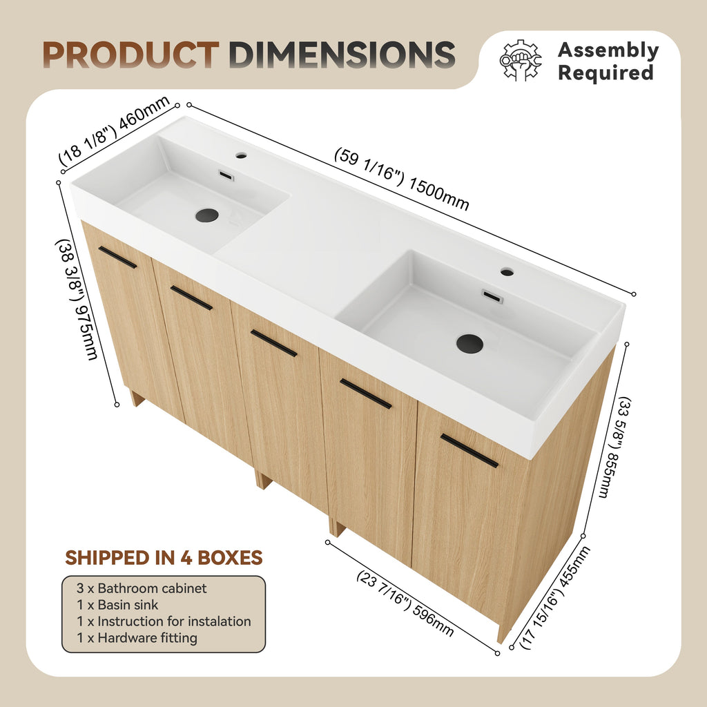 60" Double Sink Bathroom Vanity with Extra-Large Storage - Light Oak