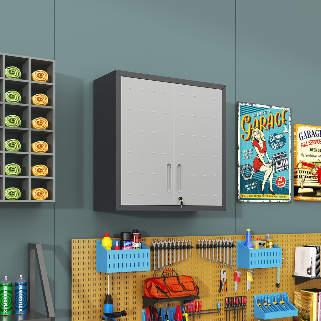 Metal Wall Mounted Tool Storage Cabinet with 2 Locking Doors and Adjustable Shelf - Gray or Black