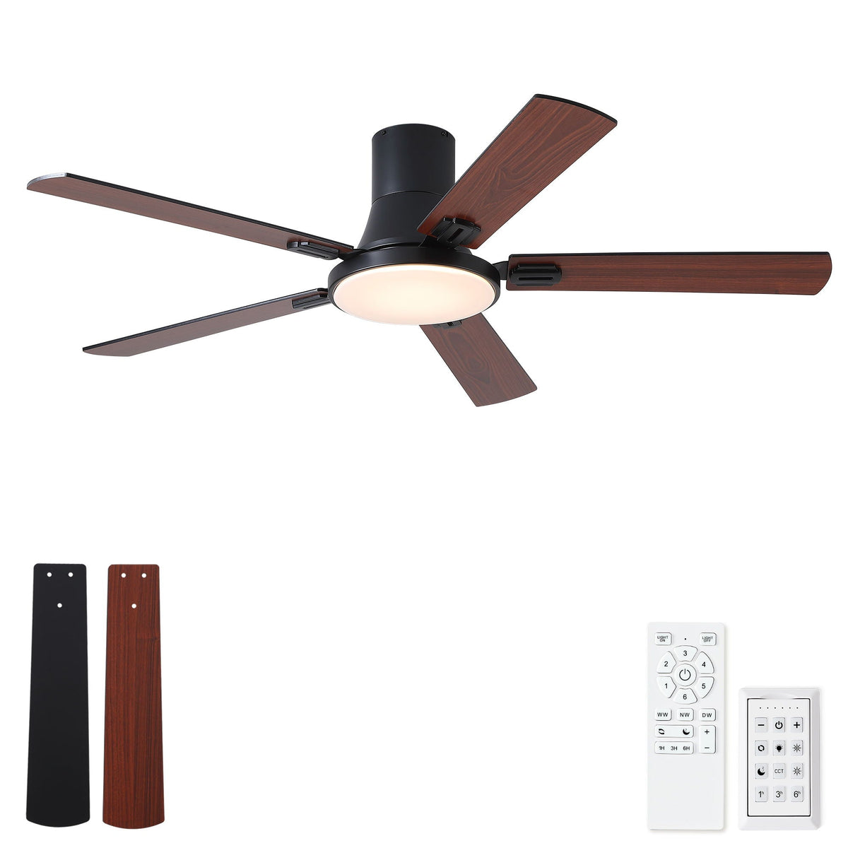 Flush Mount Ceiling Fan with LED Light and Remote Control - Black, White, Pearl Silver