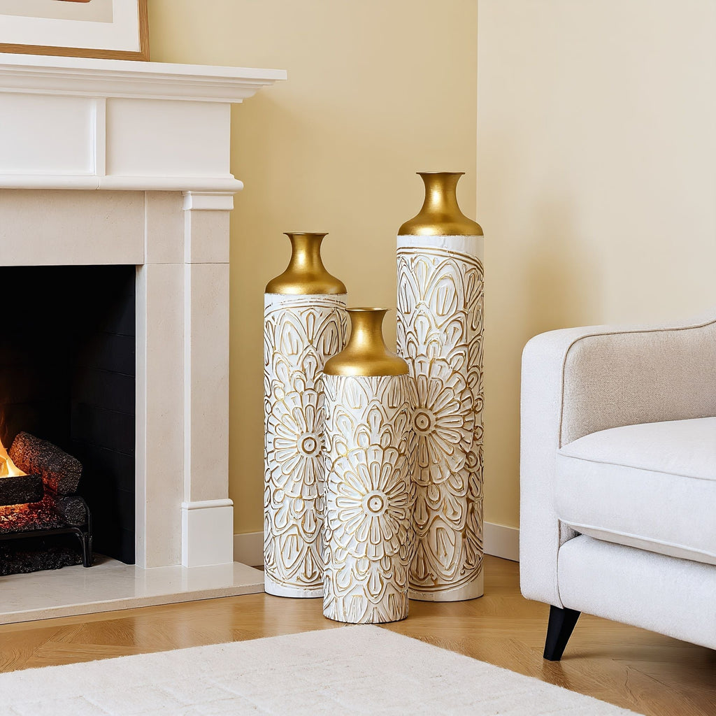 Large Glazed Floor Vases with Elegant Hammered Detail - Gold / White
