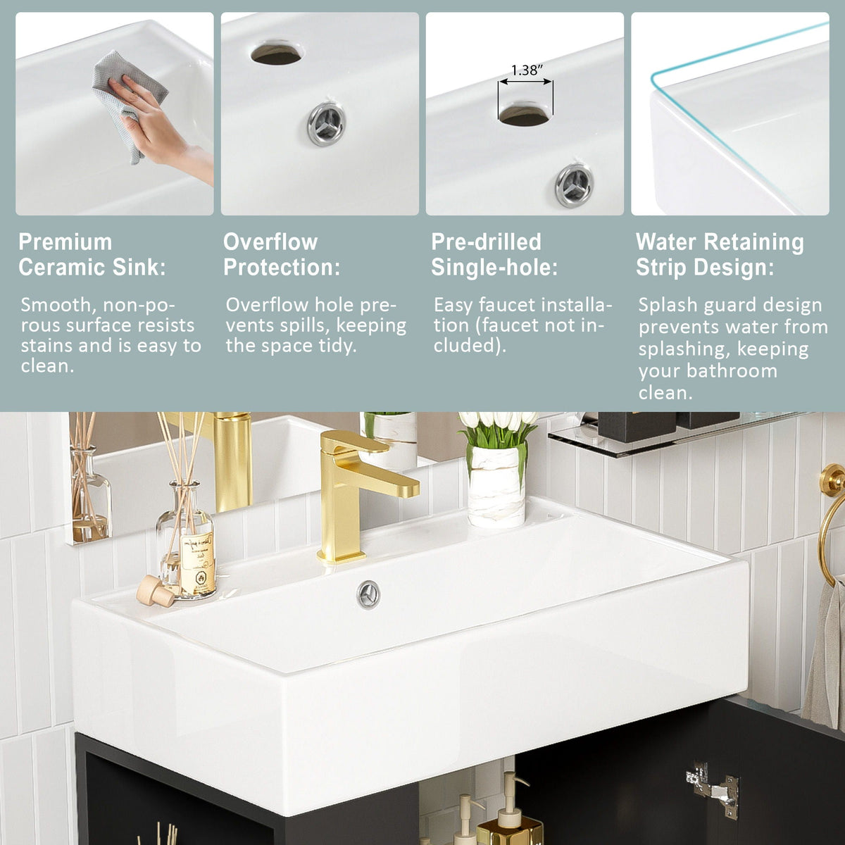 Bathroom Vanity with Single Ceramic Sink and Side Storage - Multiple Colors