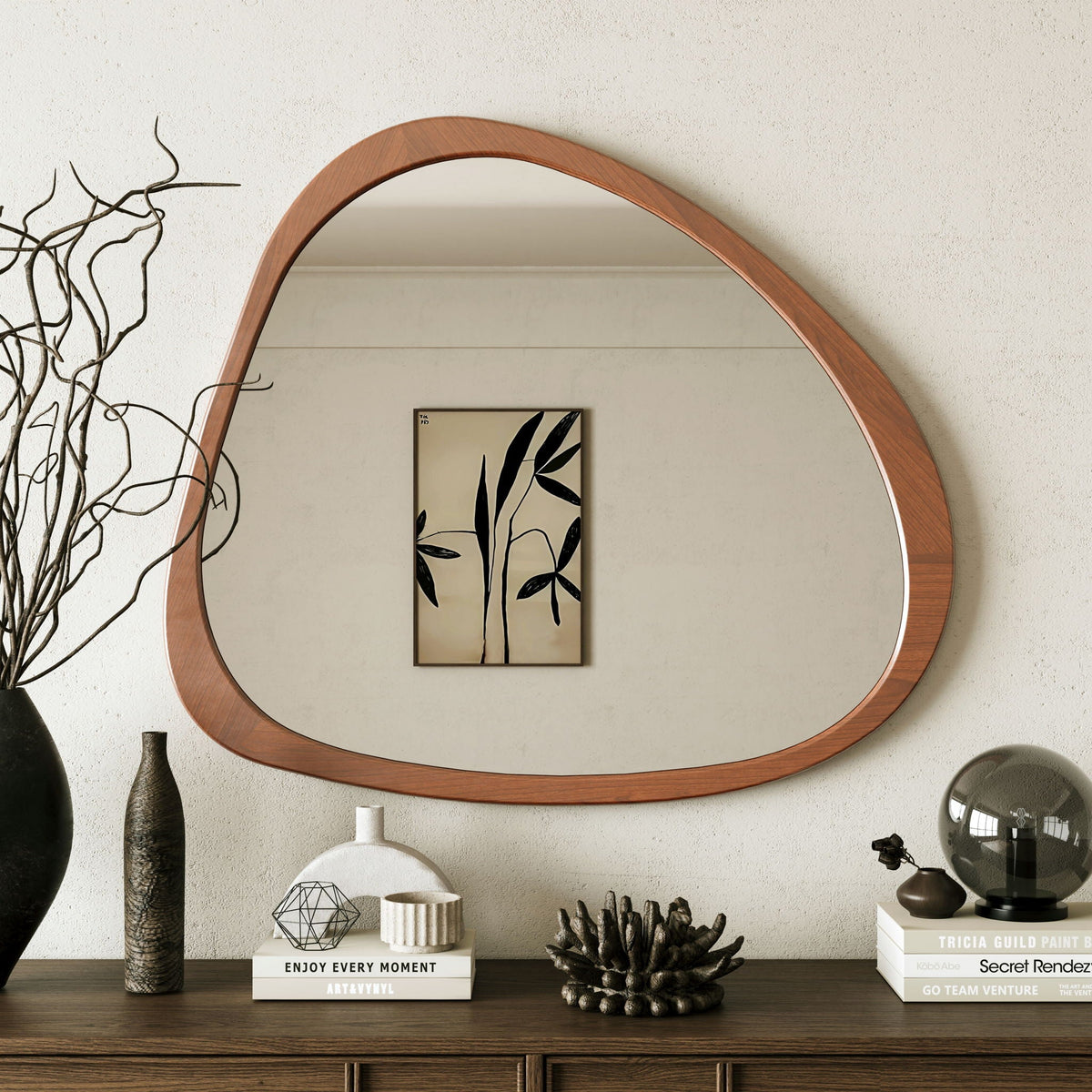Asymmetrical Wall Mirror with Solid Natural Wood Frame - Large Sized Dressing Mirror