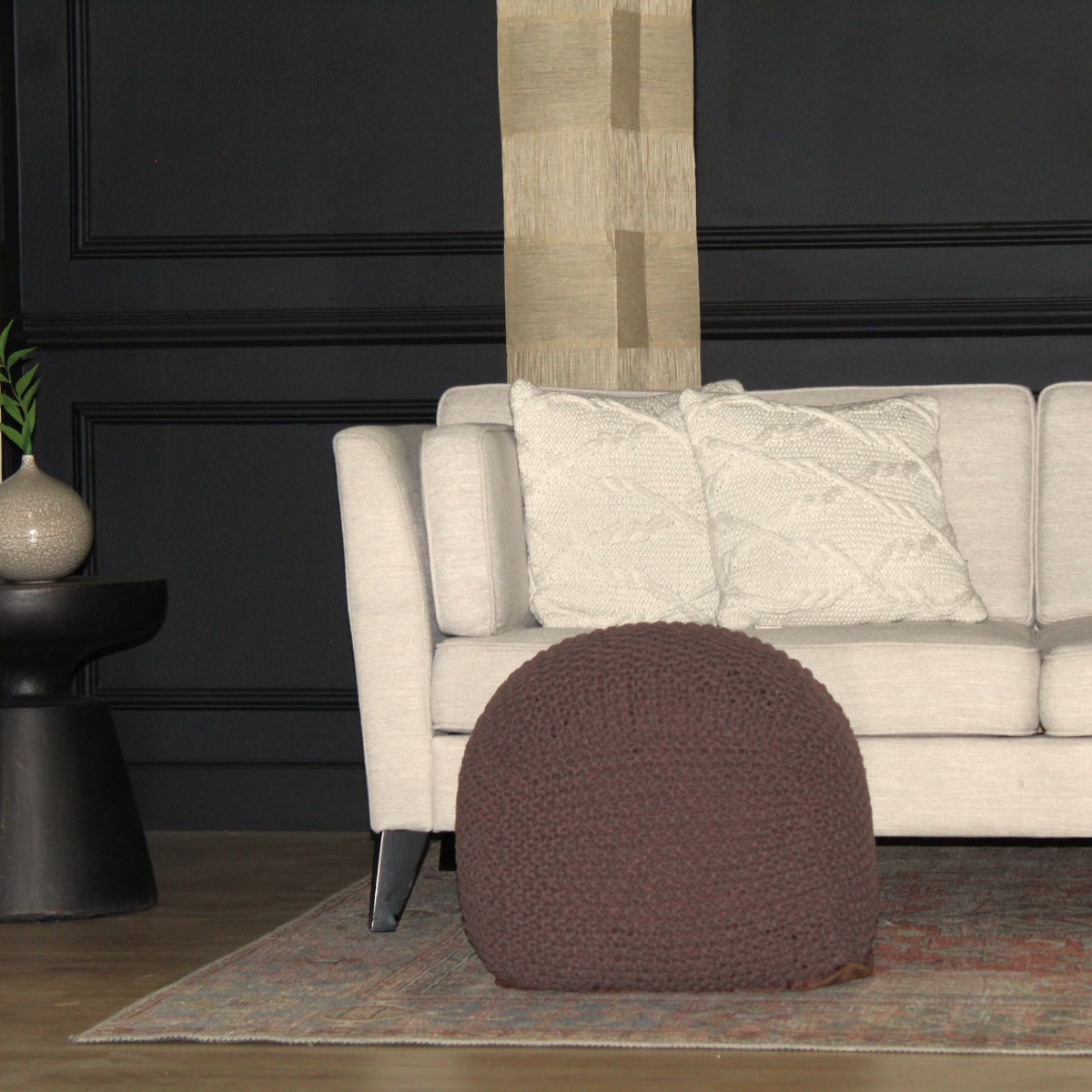 Cable Knitted Accent Pouf with Semi Rounded Design - Beige, Dark Brown, Dark Gray