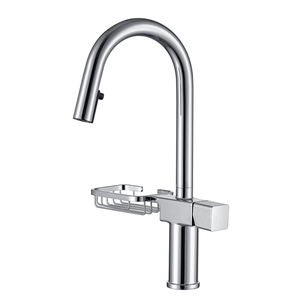 High Arc Pull Down Kitchen Faucet with Built-In Shelf - Pearl Silver or Gold