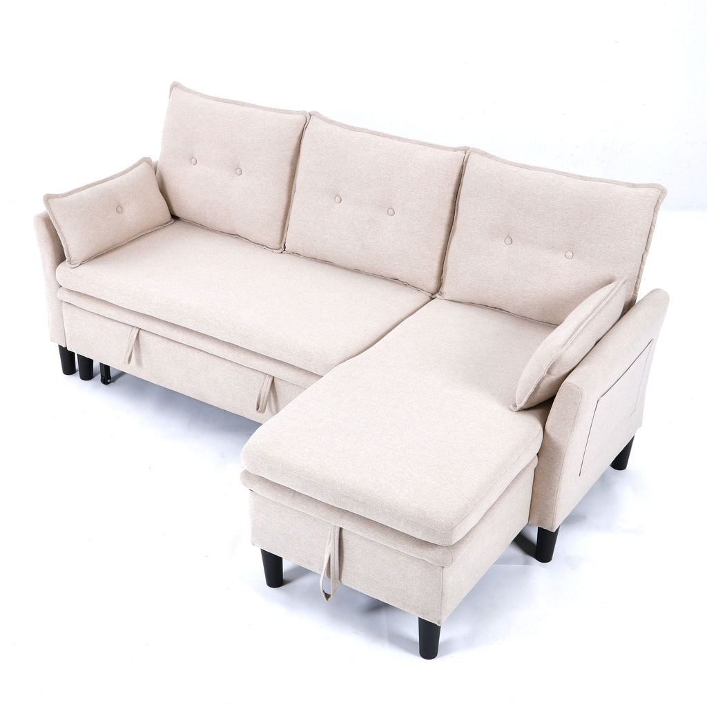 Reversible Chaise Sleeper Sectional Sofa with Storage - Cotton-Linen Upholstery