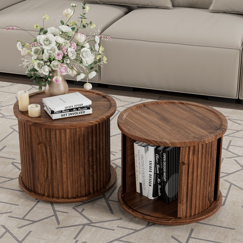 2-Piece Round Coffee Table Set with Sliding Door Storage - Walnut