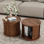 2-Piece Round Coffee Table Set with Sliding Door Storage - Walnut