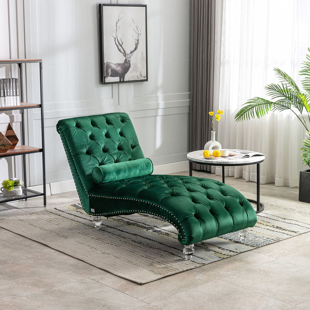 Velvet Button Tufted Chaise Lounge with Pillow - Multiple Colors