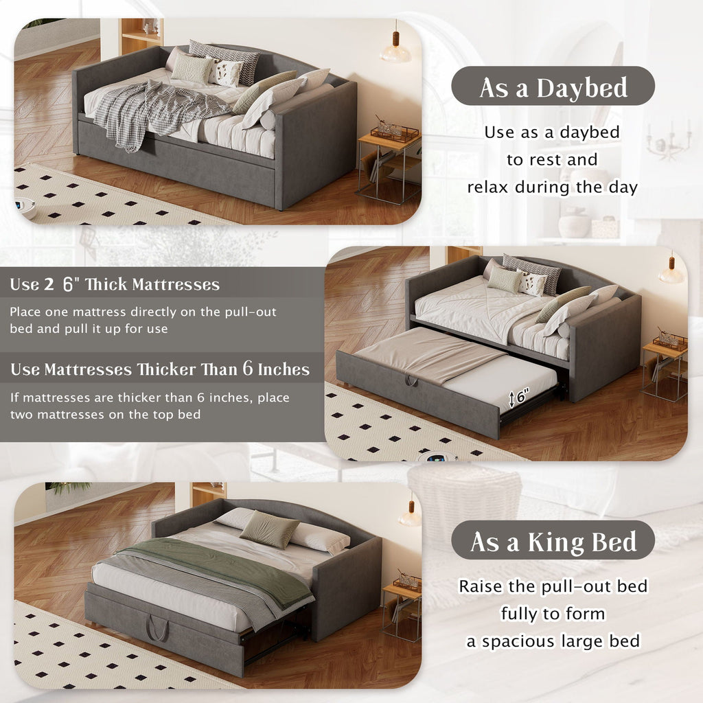 Upholstered Daybed With Pop Up Trundle Sofa Bed - Space Saving, Durable Frame - Gray or Pink